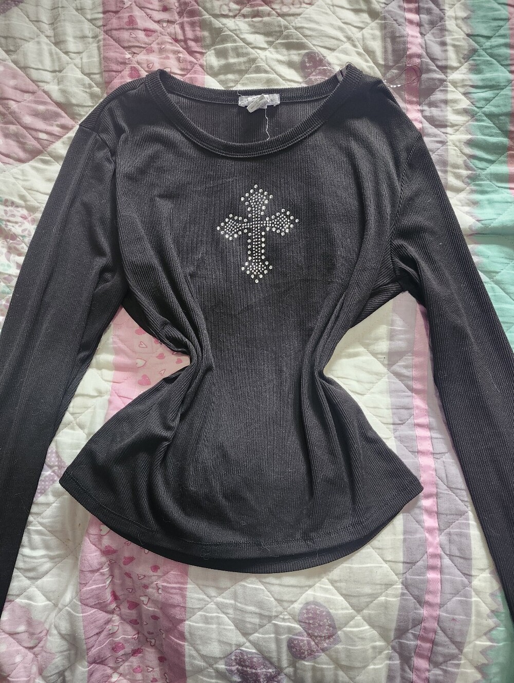Grunge Y2K Rhinestone Cross Black Long-Sleeve Top